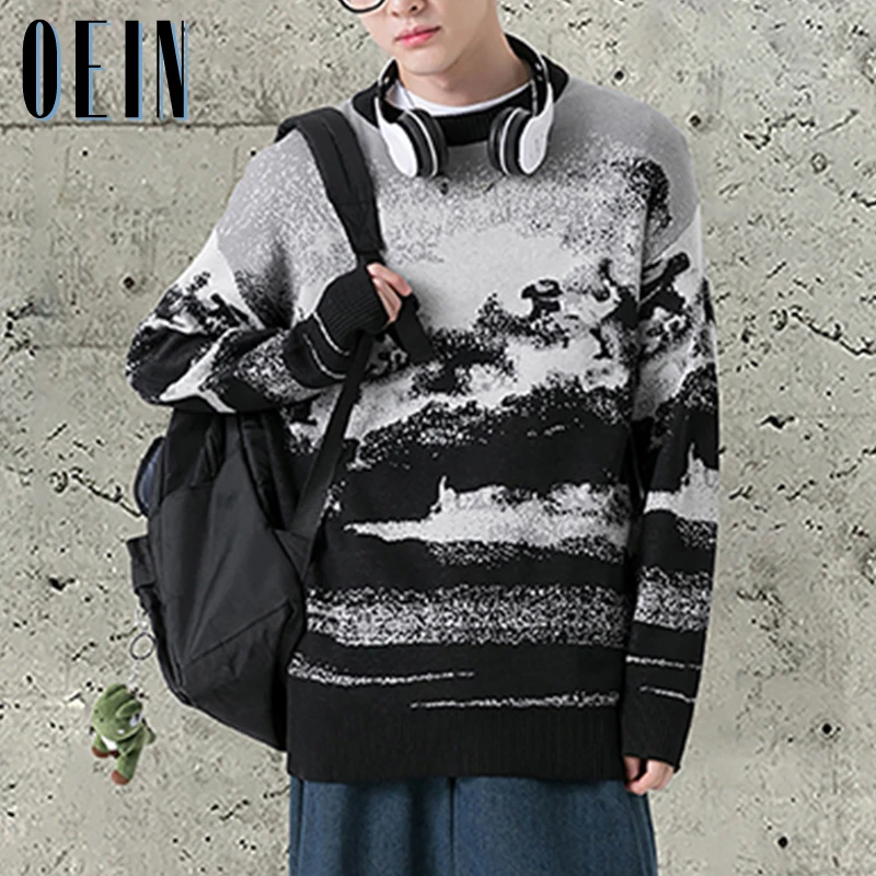 

OEIN 2021 New Harajuku Vintage Streetwear Knitted Sweater Men Autumn Winter Loose Thicken Warm Hip Hop Pullover Sweater Men Top