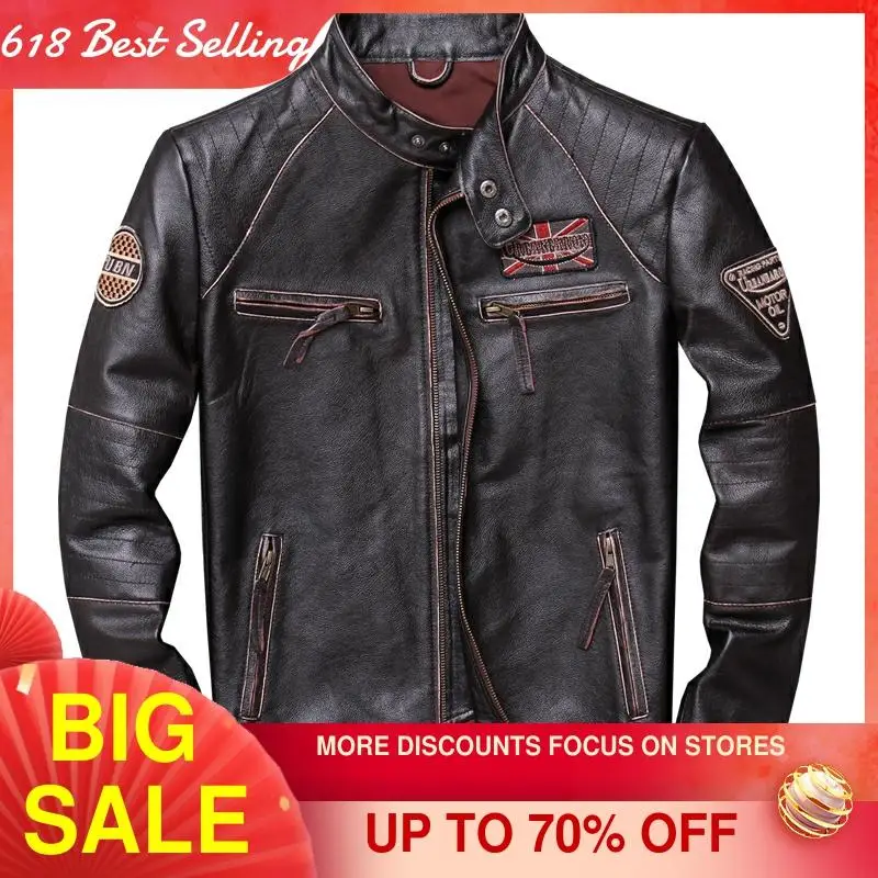 

2021 Vintage Brown Men Slim Fit Motorcycle Leather Jacket Plus Size XXXXL Genuine Cowhide Spring Biker's Coat FREE SHIPPING