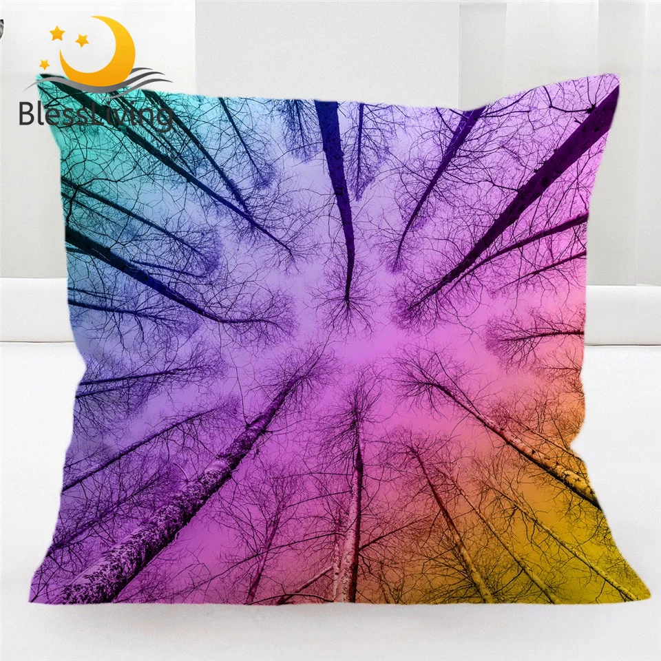

BlessLiving Forest Cushion Cover Maple Leaf Tree Bole Pillow Case 45*45 Rainbow Colorful Sky Almofada Nature Beauty Pillow Cover