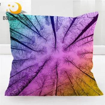 BlessLiving Forest Cushion Cover Maple Leaf Tree Bole Pillow Case 45*45 Rainbow Colorful Sky Almofada Nature Beauty Pillow Cover 1