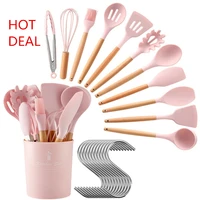 silicone kitchen tools set cooking tools pink utensils set spatula shovel soup spoon with wooden handle special heat resistant