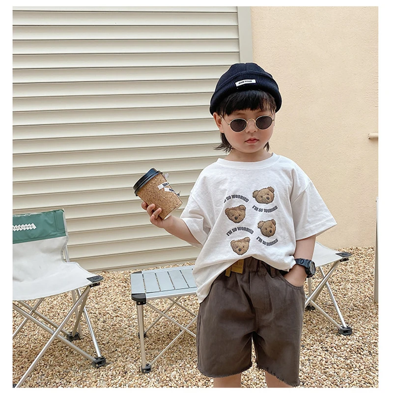 

2021 Summer New Boys Tees Korean O-Neck Short Sleeve Cartoon Bear Loose T-Shirt