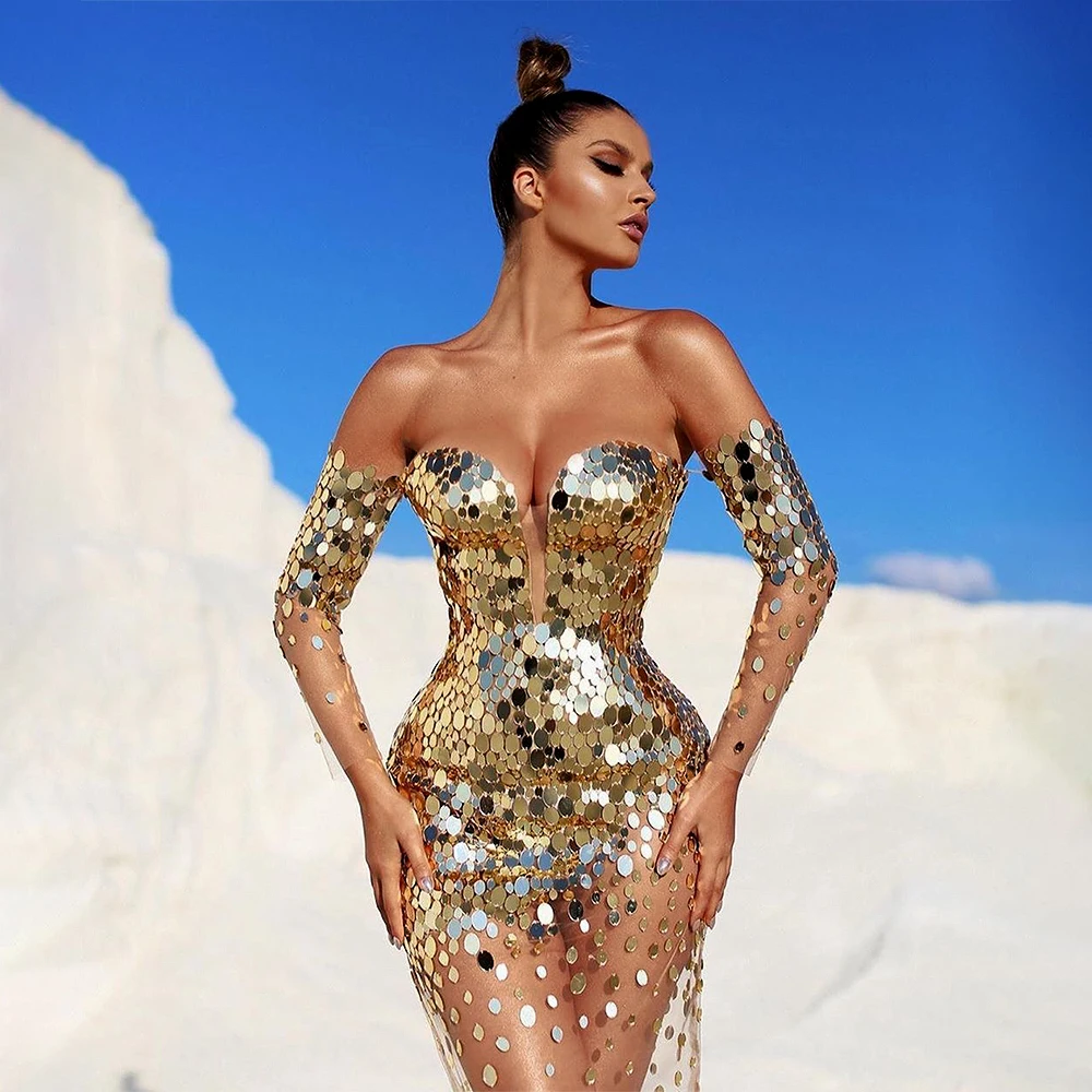 

Sexy Sheer Illusion Sequins Gold Evening Dresses Off Shoulder 2021 Ankle Length Straight vestido de fiesta de boda