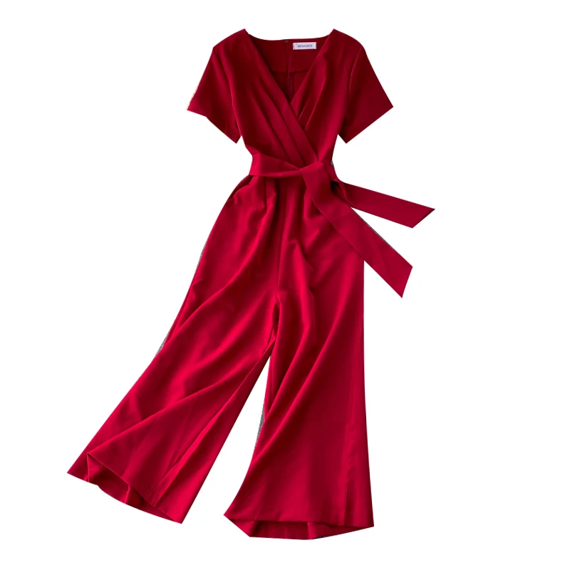 

Women's Summer Jumpsuit New Solid Color V-neck Short-sleeved Wide-leg Pants with Waistband Fashion Jumpsuit GX030