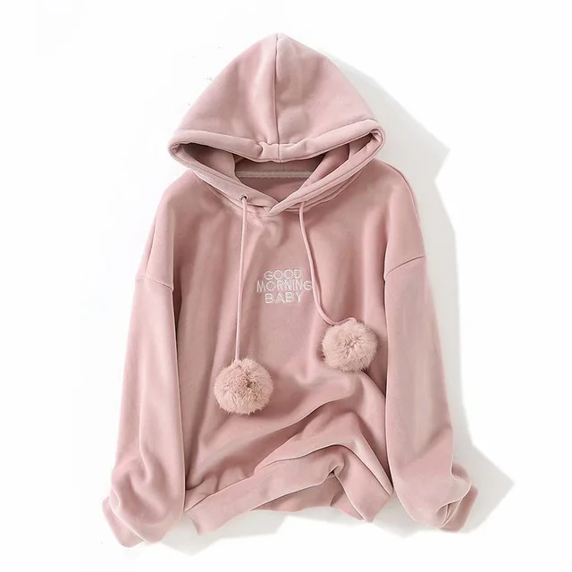 

Симпатичная зимняя свободная толстовка с капюшоном и помпоном, пуловер с длинным рукавом в стиле Харадзюку, повседневные свободные толстовки с надписью, женские бархатные розовые толстовки