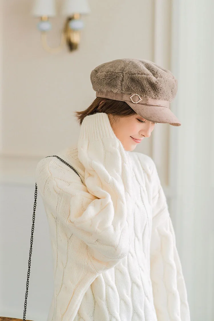 MAERSHEI/ Модные женские береты gorras, женская шапка в стиле милитари с кроличьим мехом, утолщенная теплая плоская кепка, восьмиугольные шапочки Newsboy