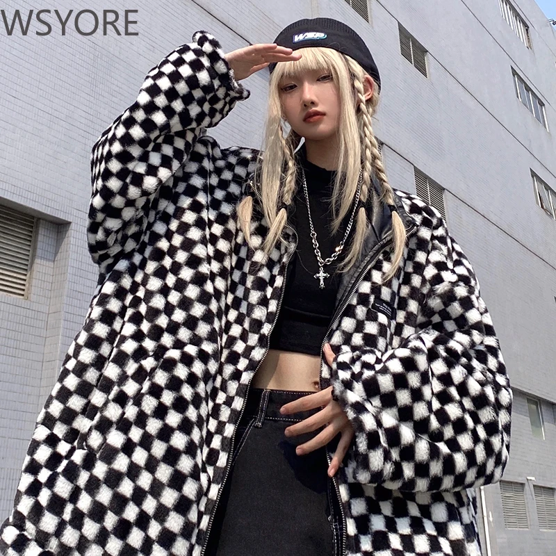 WSYORE верхняя одежда оверсайз Шахматная Двусторонняя кожаная куртка Женское