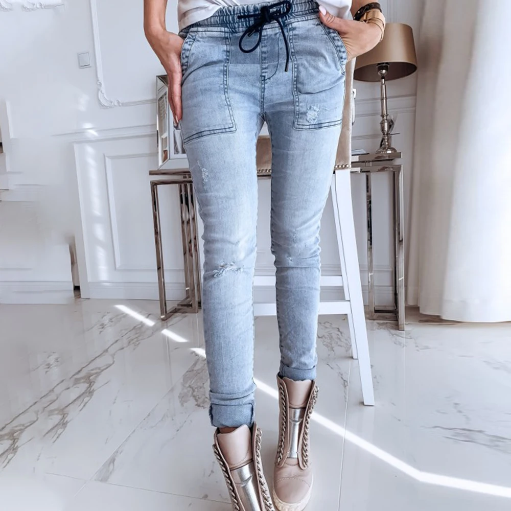 Женские узкие джинсы с низкой талией Синие рваные потертостями повседневные