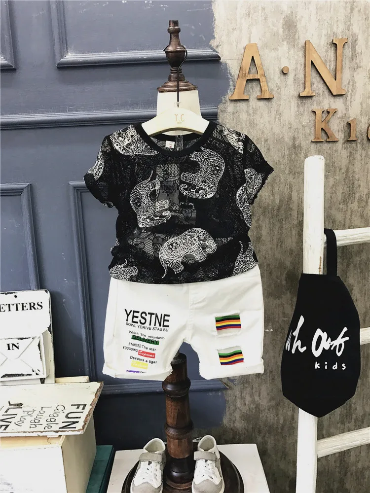 

2021 2pcs Summer Baby Boy Children Causal Cartoon Printing Suit Tops + Short Boys Clothes Kids Clothes sets 2-7