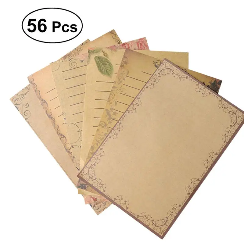 56Pcs Kraft Paper Retro Writing Paper Vintage Letter Paper Stationery Set (7 Colors)