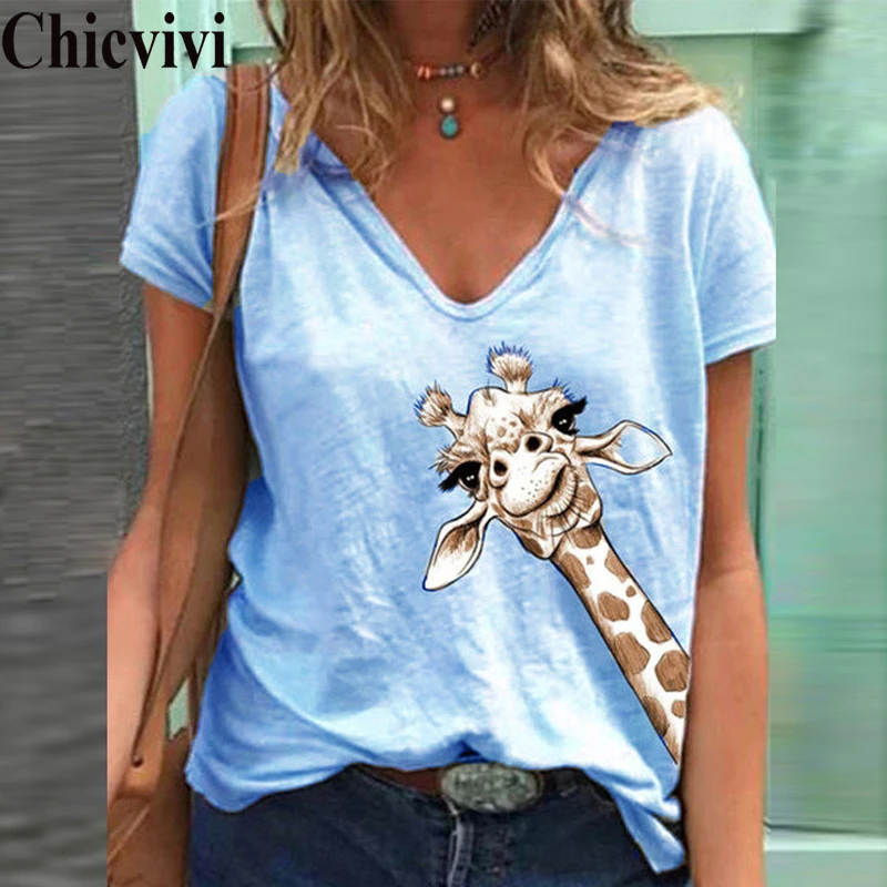 

Summer Women TShirts Giraffe Animal Print Tops Short Sleeve V Neck Loose Casual Vogue T Shirt Tee Shirt Femme 2020 New Trendy
