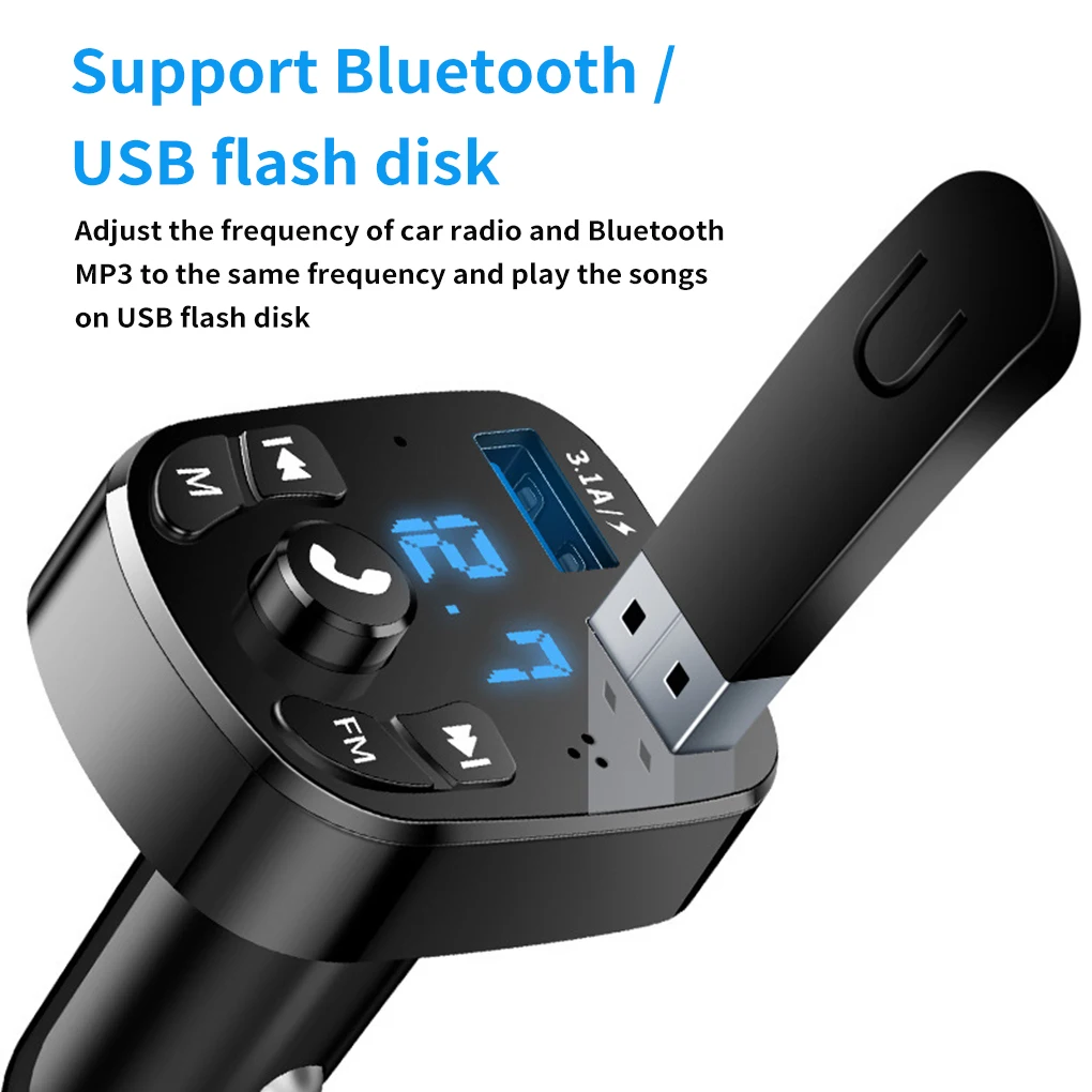 

Bluetooth Version 5.0 FM Transmitter Car Player Kit Card Car Charger Quick With QC3.0 Dual USB Voltmeter & AUX IN/OUT DC 12/24V