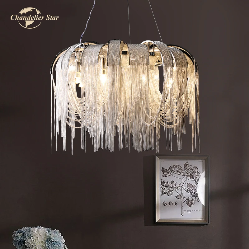 

Modern Retro LED Chandeliers Nordic Aluminum Chain Tassel Metal Silver Gold Pendant Lights Bedroom Living Room Lamps Lustre Deco