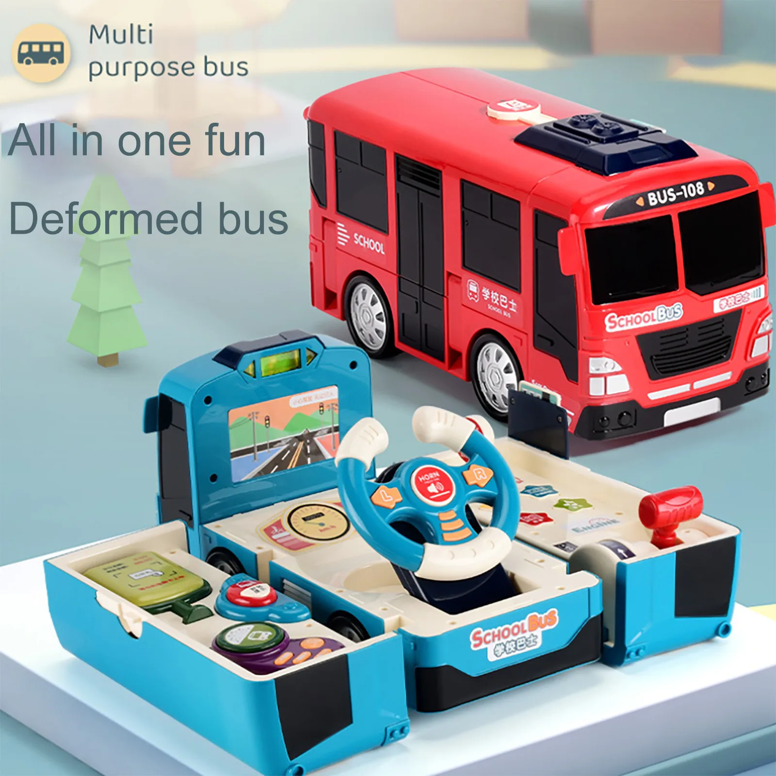 

NEW Children's Multifunctional Deformable Bus Steering Wheel Light Inertial Walking Educational Multifunctional Car Driving Toy