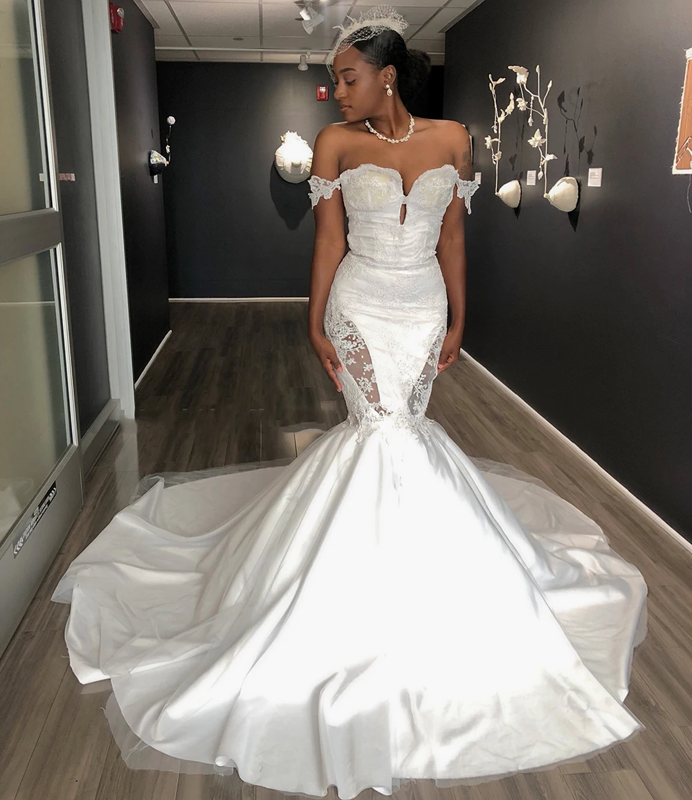 

African Style White Mermaid Long Wedding Dresses 2021 Designed Lace Top Sweetheart Neck With Strapes Black Girl Bridal Gowns