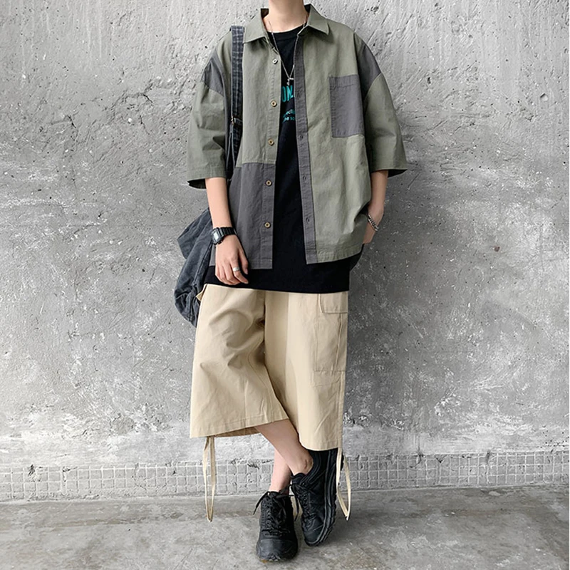 

Summer Short Sleeve Shirts Men Patchwork XXL Loose Hip-pop BF Harajuku Teen Students Ins Trendy Turn-down Collar Shirt Casual