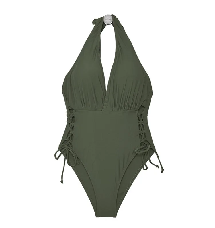 

South Korea Ins Women's Swimsuit Sexy Deep V Strap Solid One Piece Bikini