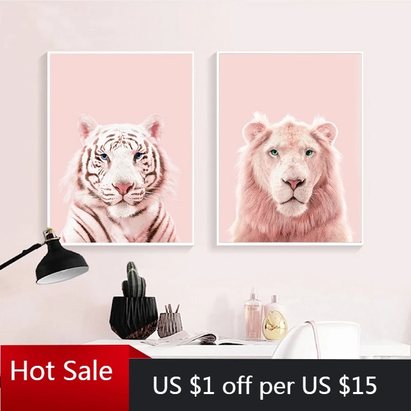 Принты Розовый лев тигр Арт плакат для детской дикий Животные розовое платье