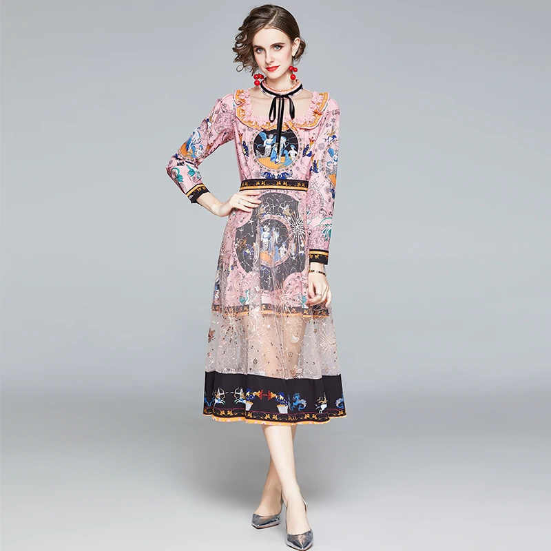 

High-End Sequins Vintage Embroidery Women's Dress Hollow Out Long Sleeve Stand Collar Mermaid Print Mesh Patchwork Dress