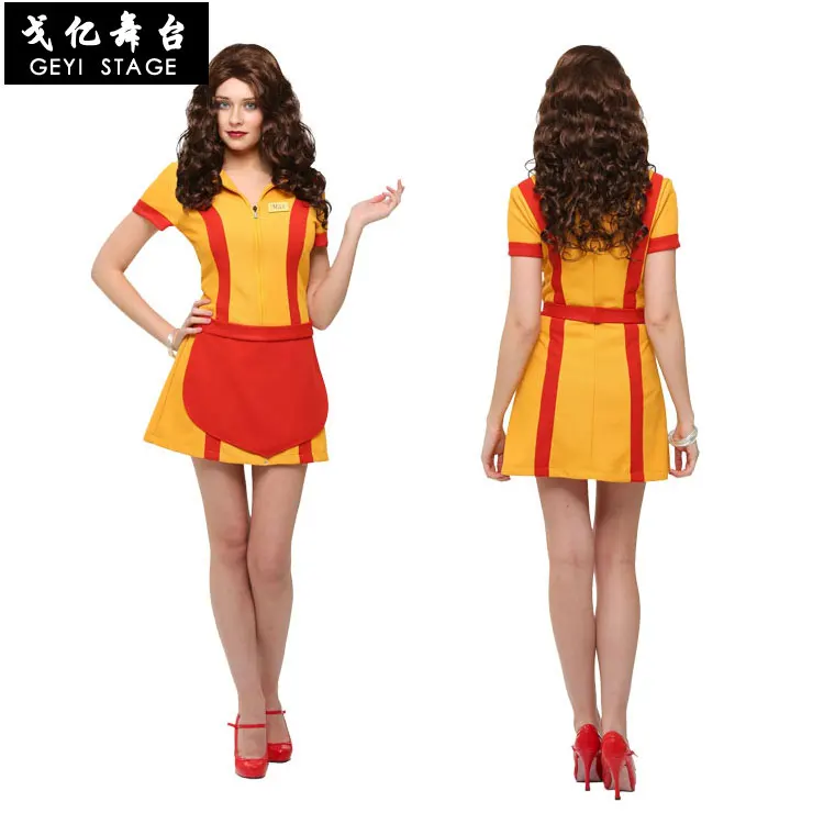 

Cosplay Two Broke Girl Max Black Caroline Wesbox Channin Costume Bar Restaurant Waitress Cloth Apron Dress Badge Halloween