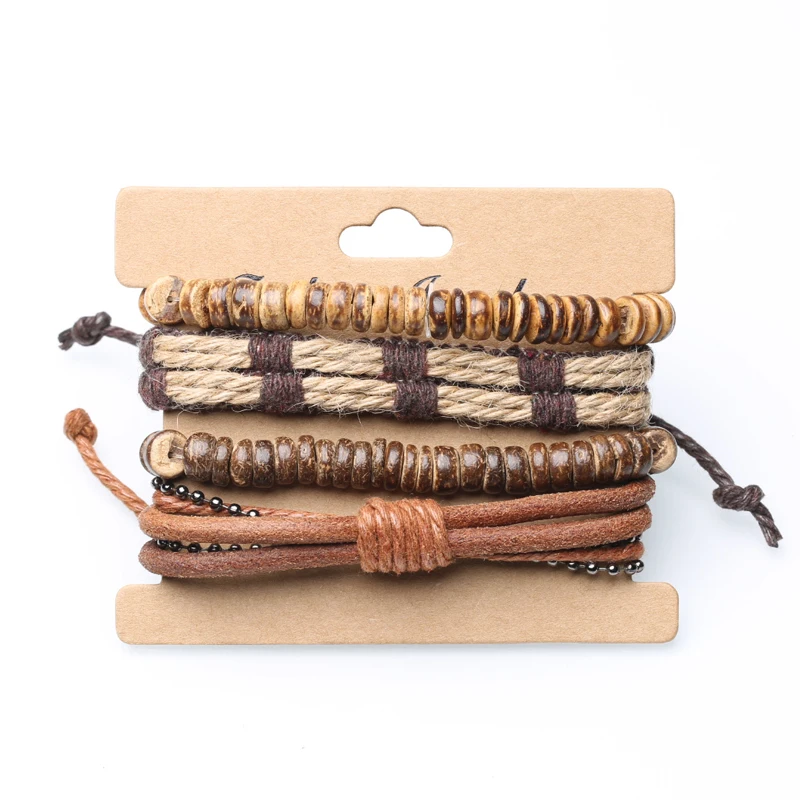 

Jewelry retro set four pieces bracelet diy woven leather bracelet coconut shell bracelet men's hemp rope