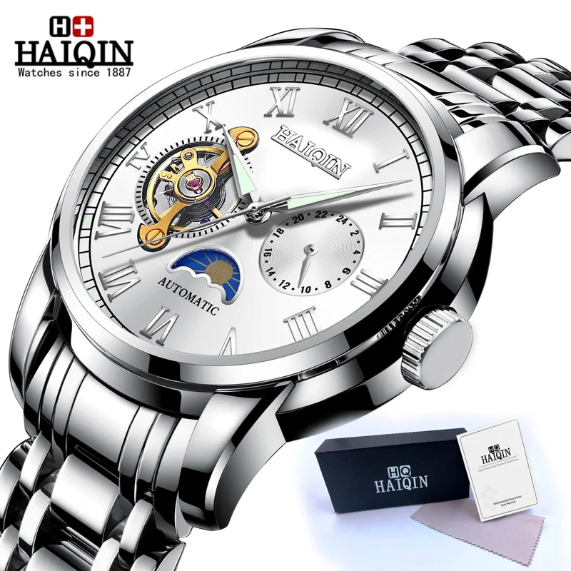 Silver White S HAIQIN водонепроницаемые мужские часы с скелетом из нержавеющей стали, роскошные брендовые прозрачные механические Спортивные мужские наручные часы - Цвет: Silver White S