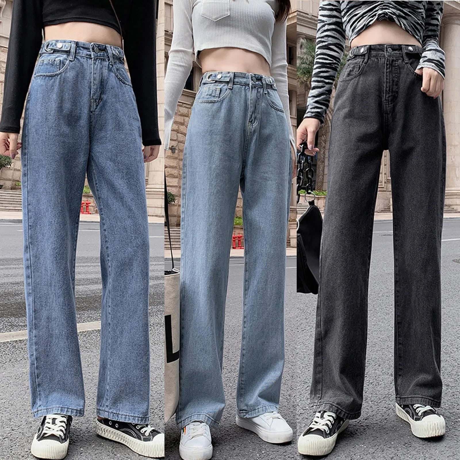 

2021 Women's Casual Pants Hight Waist Distressed Straight Denim Jeans Vintage Trouser Button Fly High Rise Straight Leg Jeans