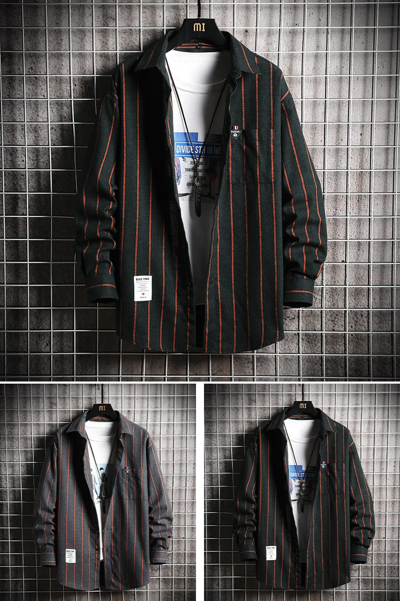 Мужская повседневная Уличная рубашка в полоску с длинным рукавом Корейском