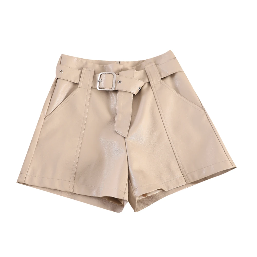 

Women Casual High waist PU Leather Shorts 2019 Korean Chic Autumn Solid Pockets Wide Leg Leather Shorts With Sashes