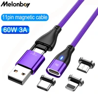 melonboy 60w 3a usb c cable micro usb phone charging cable magnetic cables for laptop iphone xiaomi samsung fast charging cord