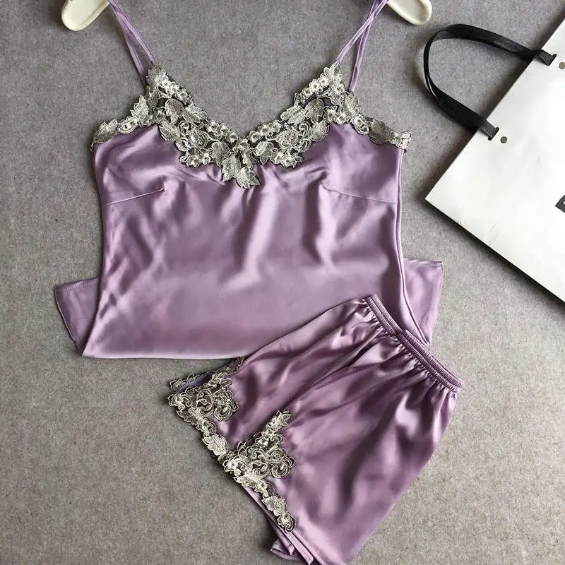 Лаванда Пижама женская pijama матовый Пижамный набор из шелка Высококачественная Сексуальная имитация шелка короткая Пижама - Цвет: Лаванда