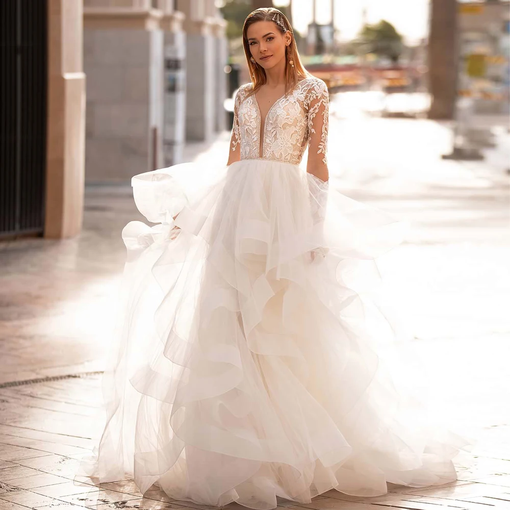 

Charming Deep V-neck Long Sleeves Wedding Dresses Ruffled Backless Bridal Gown Plus Size Customized Robe de Mariee