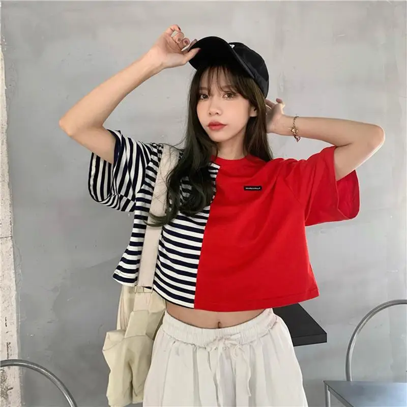 

Summer Korean 2021 new design loose short stripe splicing sweet cool short sleeve T-shirt women's wear