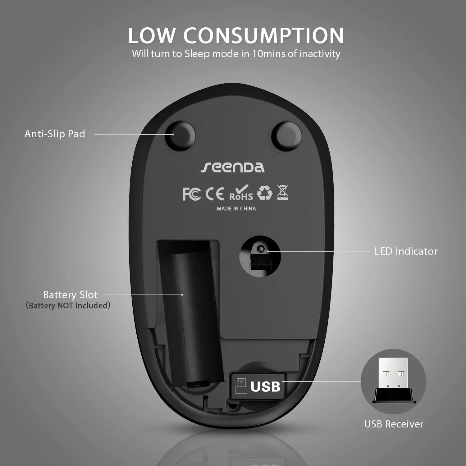 Компьютерная мышь SeenDa 2 4G беспроводная бесшумная с USB-приемником 1600DPI