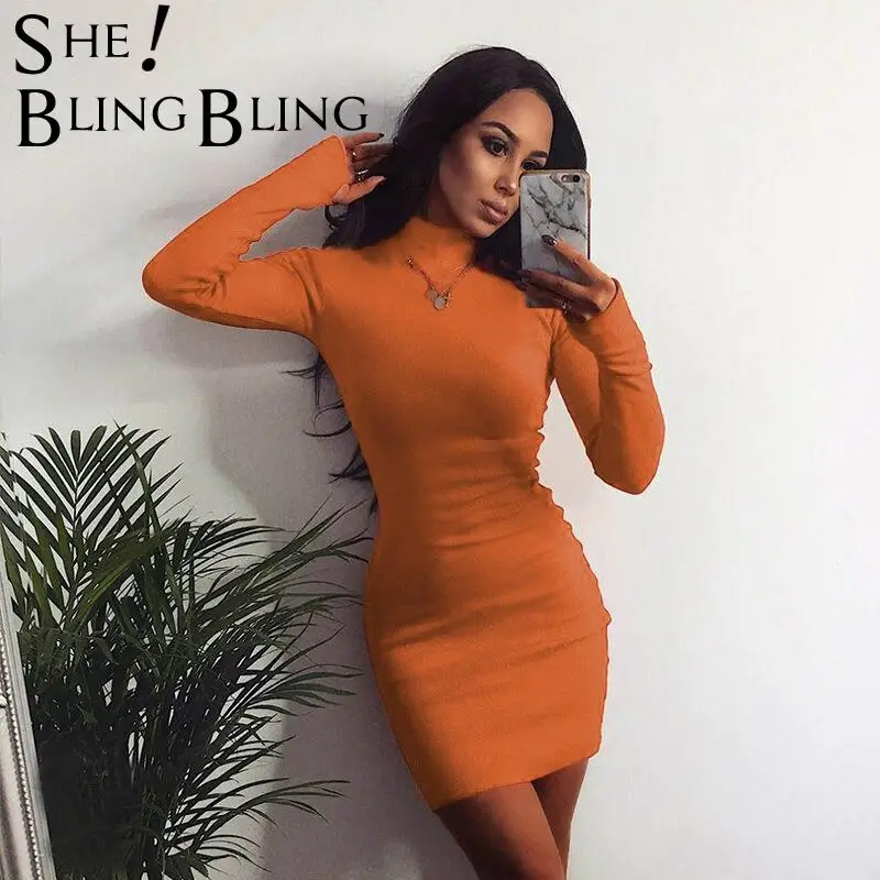 Женское трикотажное платье водолазка SheBlingBling повседневное неоновое облегающее