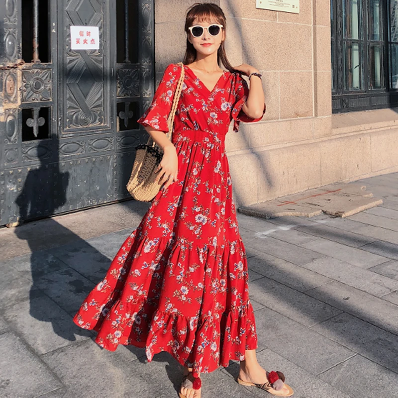 Женское платье макси в стиле бохо Летнее Длинное пляжное с цветочным принтом 3