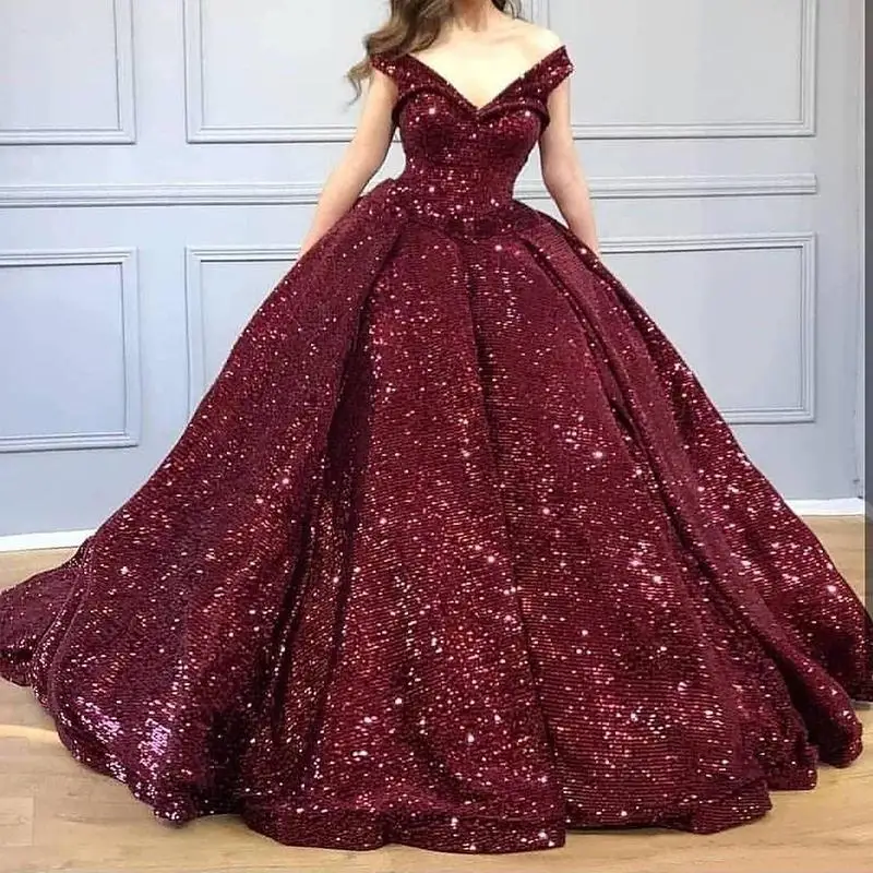

Sparkling Sequin Off Shoulder Long Prom Dresses Custom Made Ball Gown Evening Dress 2022 Cheap Masquerade Party Gowns