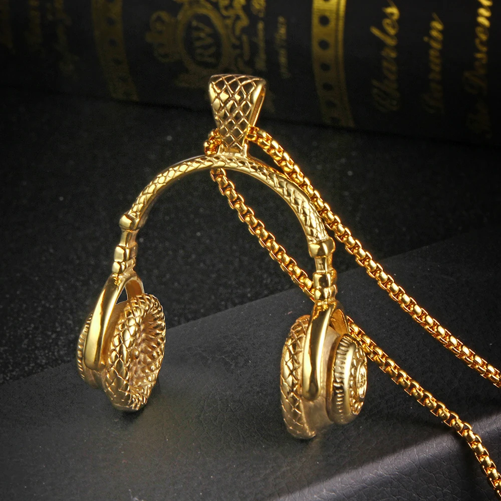 

316L Stainless Steel Gold Headphone Pendant Necklace Hip Hop Headset Men Women Unisex Rock Music Gift Jewelry Choke Wholesaler