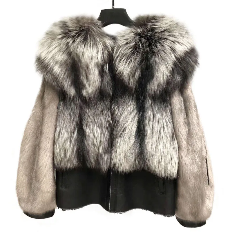 100% Real Fur Coat Women's High Quality Natural Fox Leather Jacket Luxury Whole Skin Mink Sleeve Silver | Женская одежда