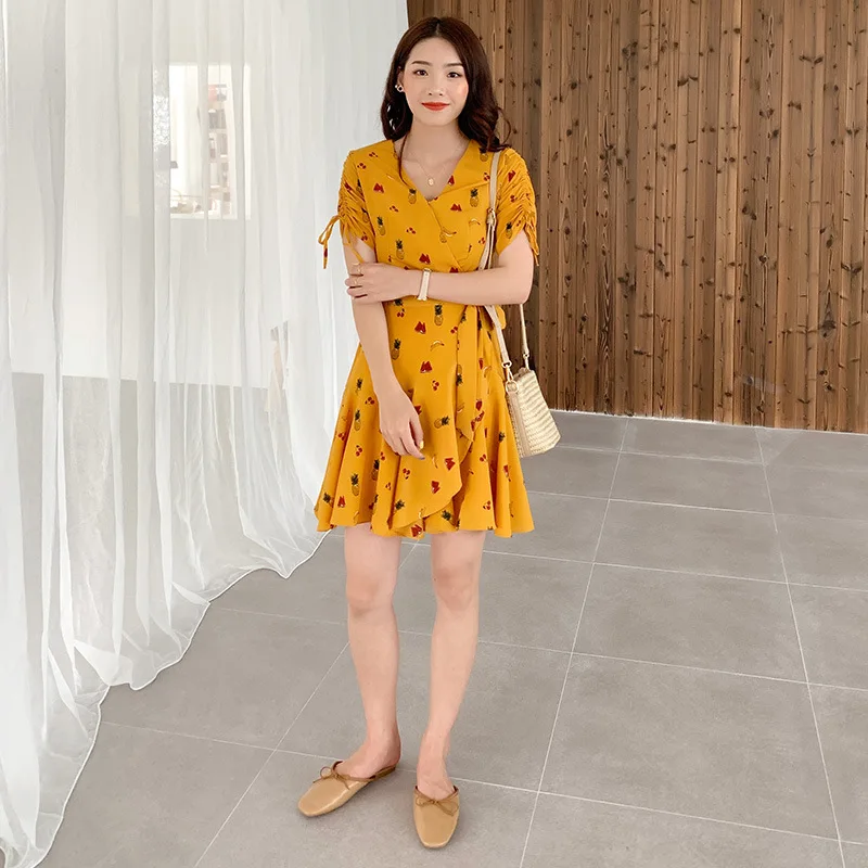 Summer new popular fruit print wrap dress Korean version of pleated small fresh dress lotus leaf tea break dress