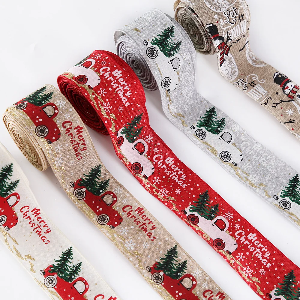 

5m Christmas Ribbon Wide 5CM Fine Linen Christmas Tree Decoration 2022 Printe Christmas Car Snowmen Patten Ribbon For Xmas Gifts