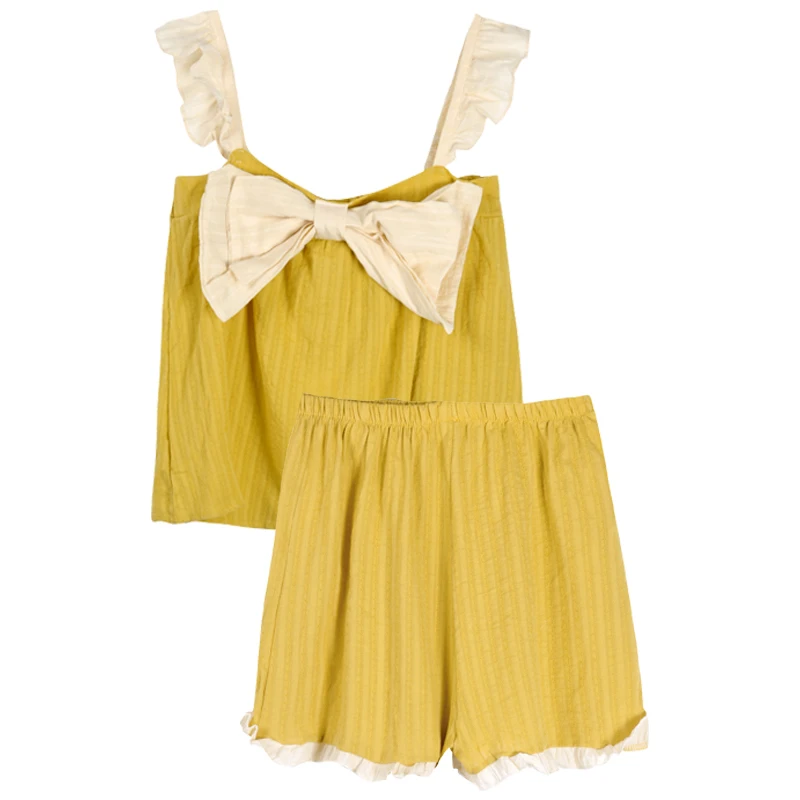 

Summer Student Girl Sweet Bowknot Loose Ruffled Sleeves All-Match Nightdress Pajamas Suit Home Wear Two-Piece Set