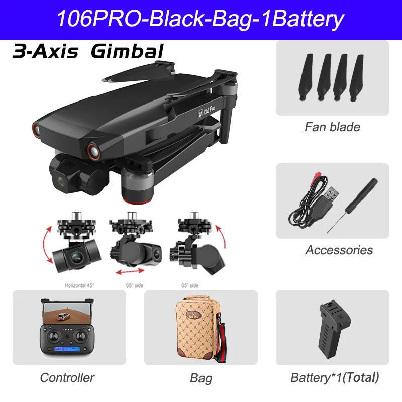 2020 NEW 106 Pro Drone 4k HD Mechanical Three-axis Gimbal Camera 5G Wifi Gps System Brushless motor Drones Distance 1200m |