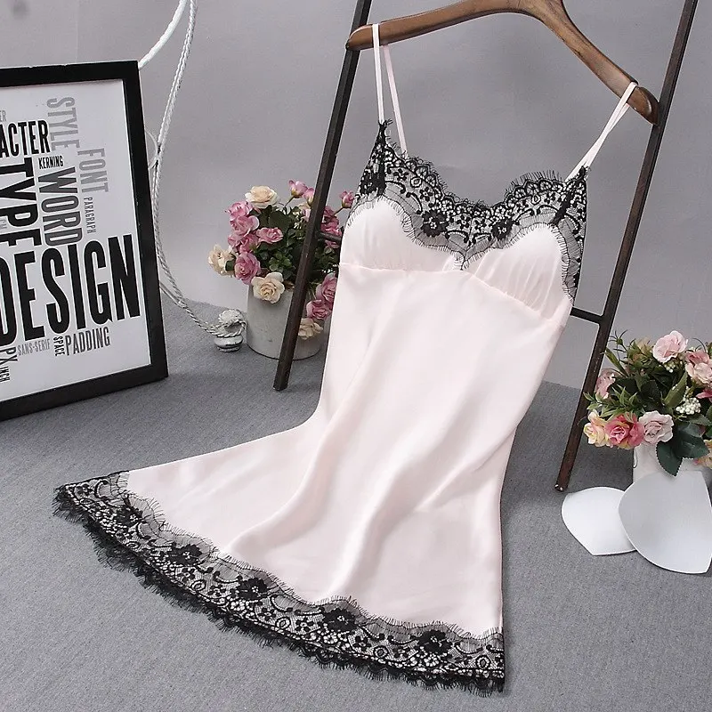 Кружевное Розовое Ночное платье шелковая ночная рубашка на бретельках груди
