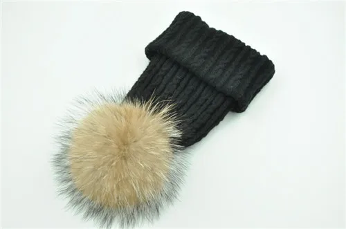 Black natural fur Вязаная Шерстяная Шапка из натурального меха енота, шапка с помпоном для женщин и девочек, новинка, осенняя, весенняя, зимняя женская меховая шапка - Цвет: Black natural fur