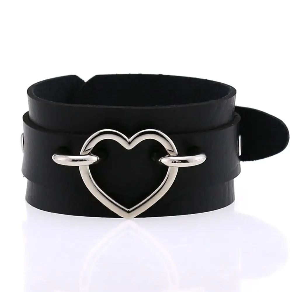 

Heart Bracelet Black PU Leather Wristband Cuff goth gothic punk armbands Fashion love bracelets women men metal cosplay jewelry