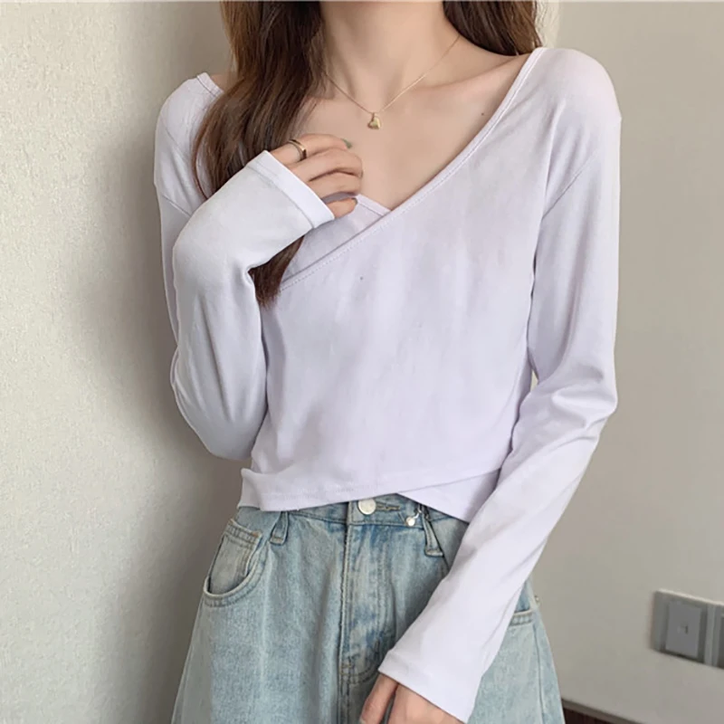 

2021 Women New Fashion Korean T Shirt V Neck Slim Thin Casual Cotton Tops Female Asymmetrical Short Long Sleeve Solid Tees Femme