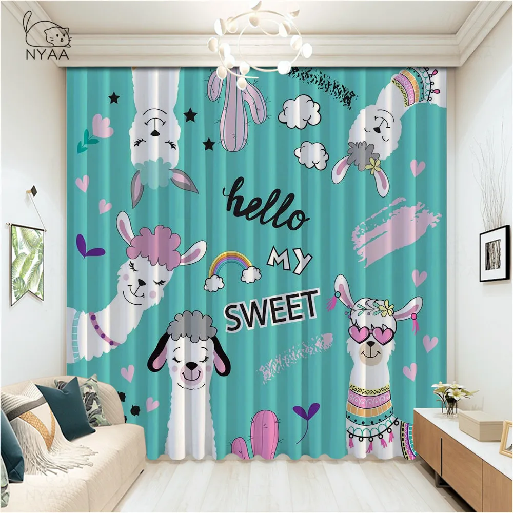 

White Llama Alpaca And Cactus Curtain Room Decor European Curtains Girl Bedroom Rope Curtains In The Living Room Micro Shading