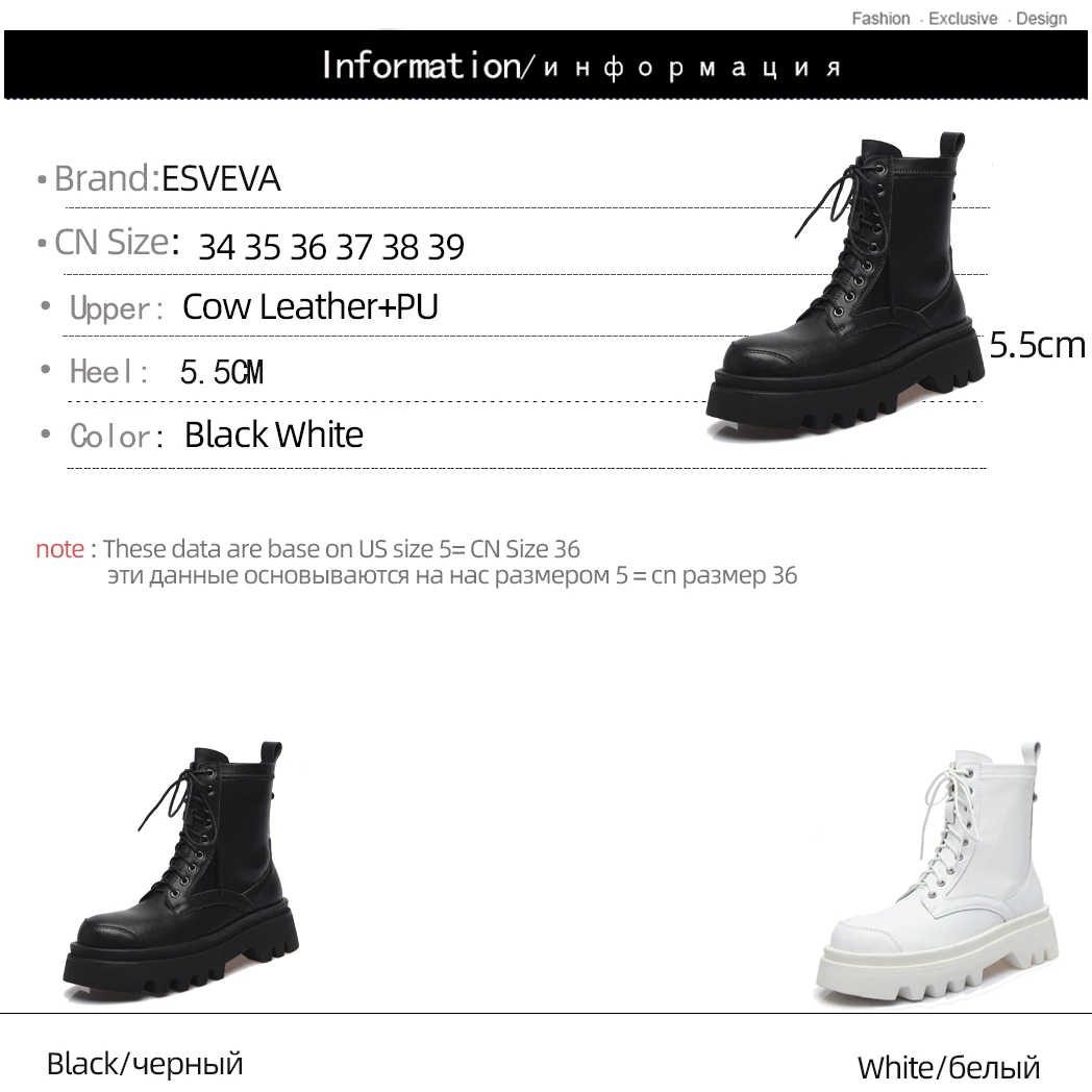 

ESVEVA 2021 Med Heel Elegant Lace Up Ankle Boots Women Boots Winter PU+Genuine Leather Women Shoes Round Toe Boots Size 34-39