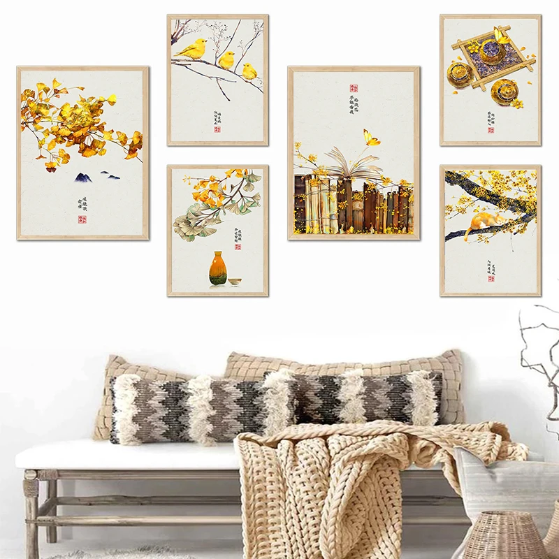 

Chinese Style Canvas Painting Ancient Poetry Autumn Landscape Wall Print Art Picture Plant Cat Butterfly Poster Home Decoration